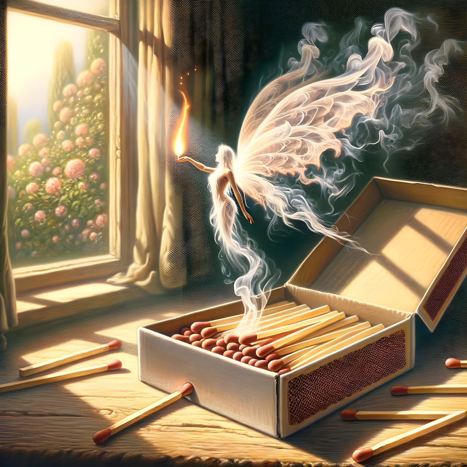 Ethereal Smoke Fairy Emerges from Matchbox, Romantic Oil Pai...