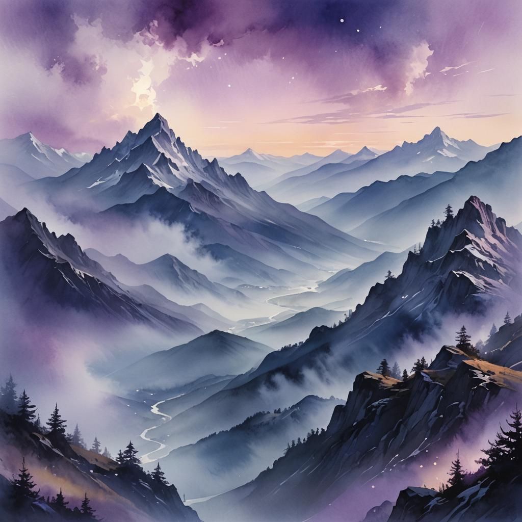 Ethereal Misty Mountain Landscape in Watercolor