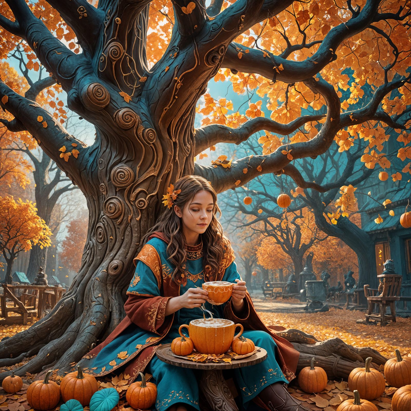 Autumnal Still Life: Pumpkin Cake and Falling Leaves