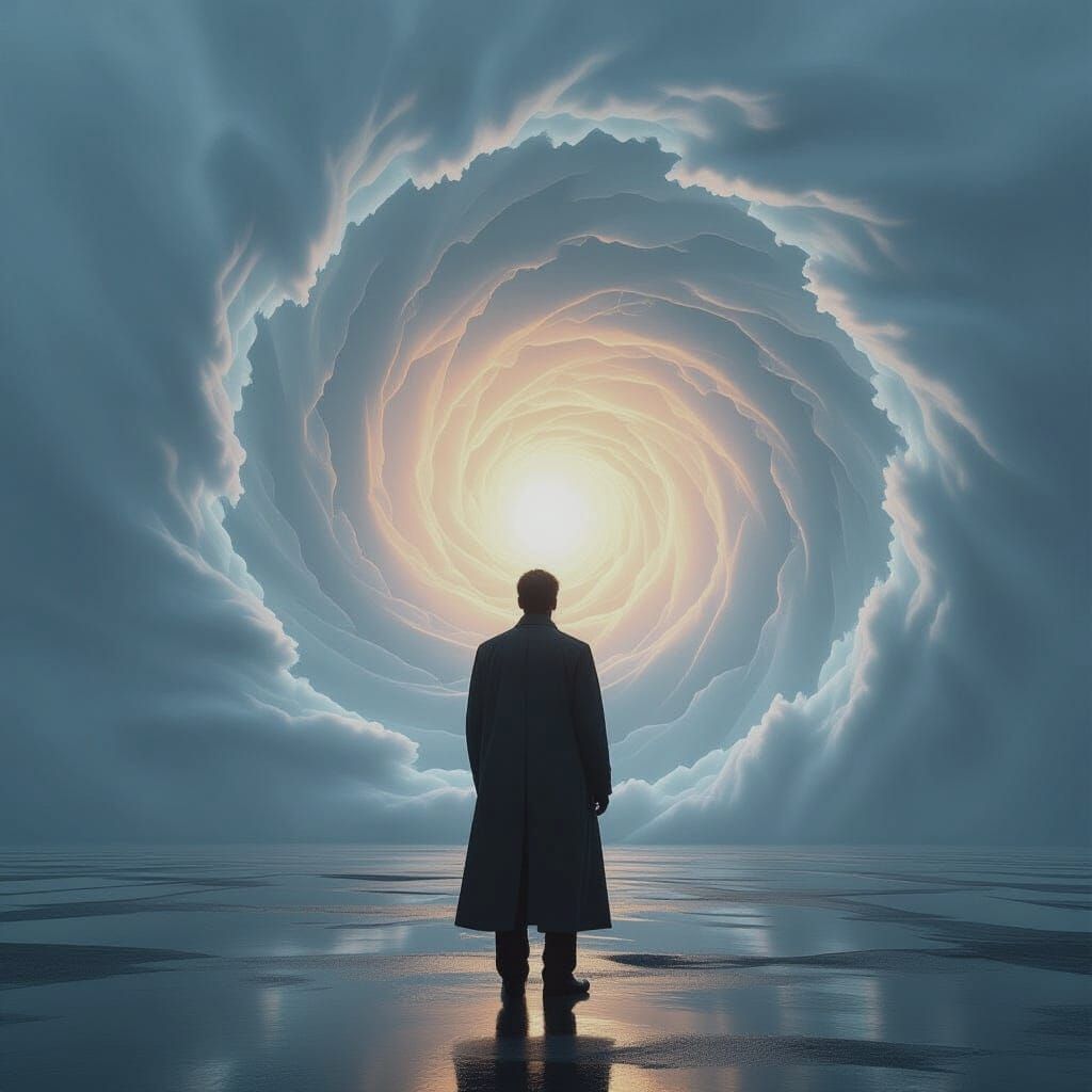 Lone Figure at the Edge of a Cosmic Vortex