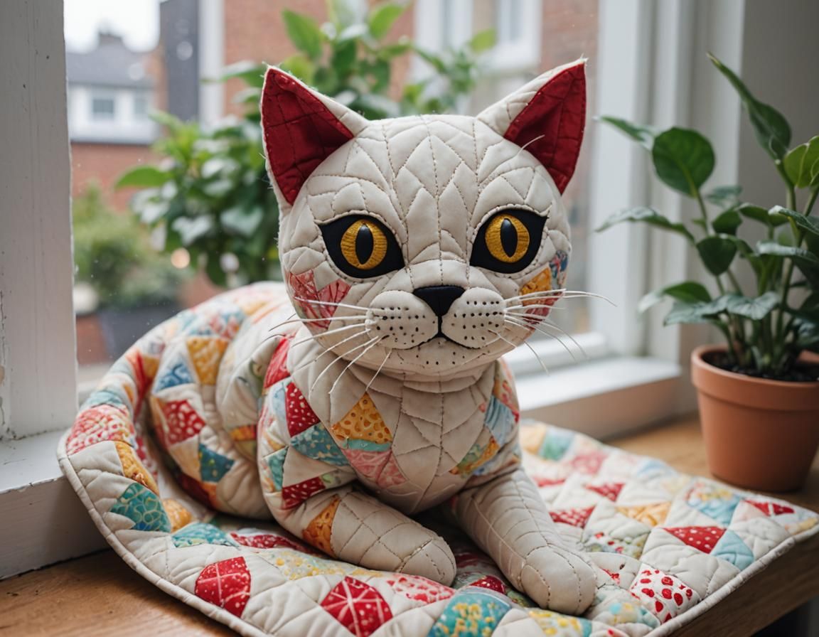 Hand-Stitched Quilted Cat on Windowsill