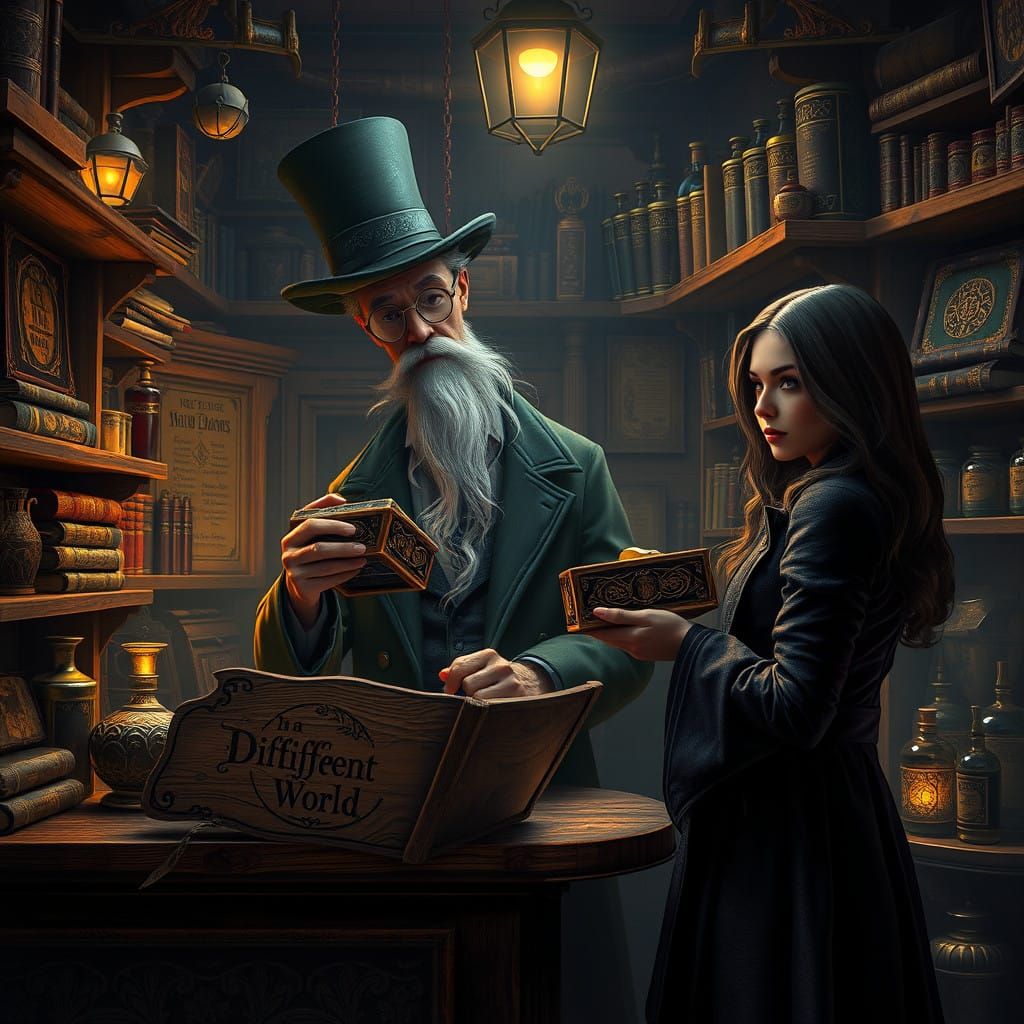 Whimsical Dark Fantasy Store Scene with Mysterious Old Man