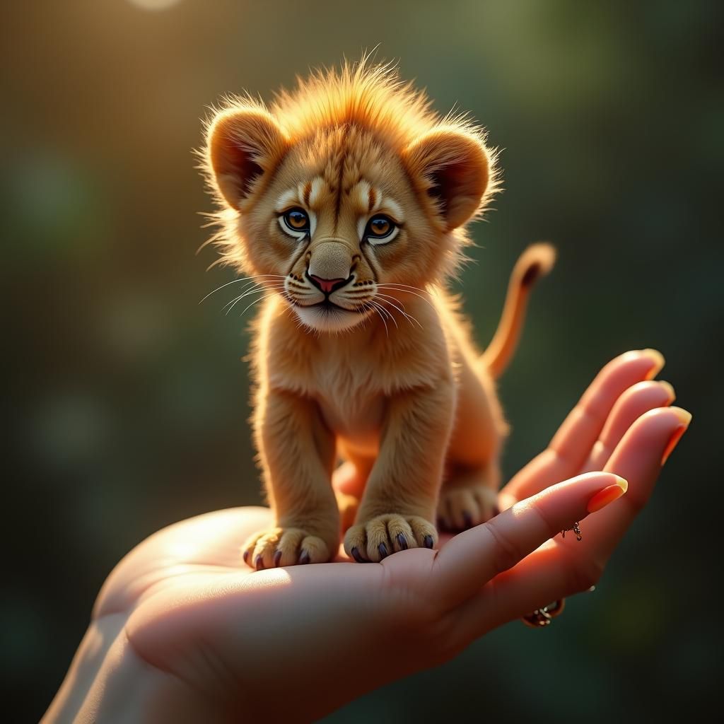 Lion Cub on Fingers, Hyperrealistic Splash Art