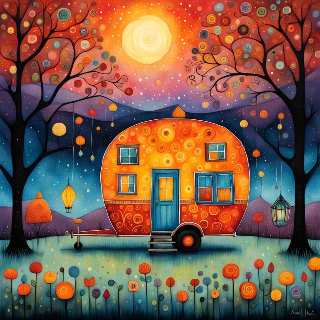 Whimsical House Trailer at Twilight Illustration