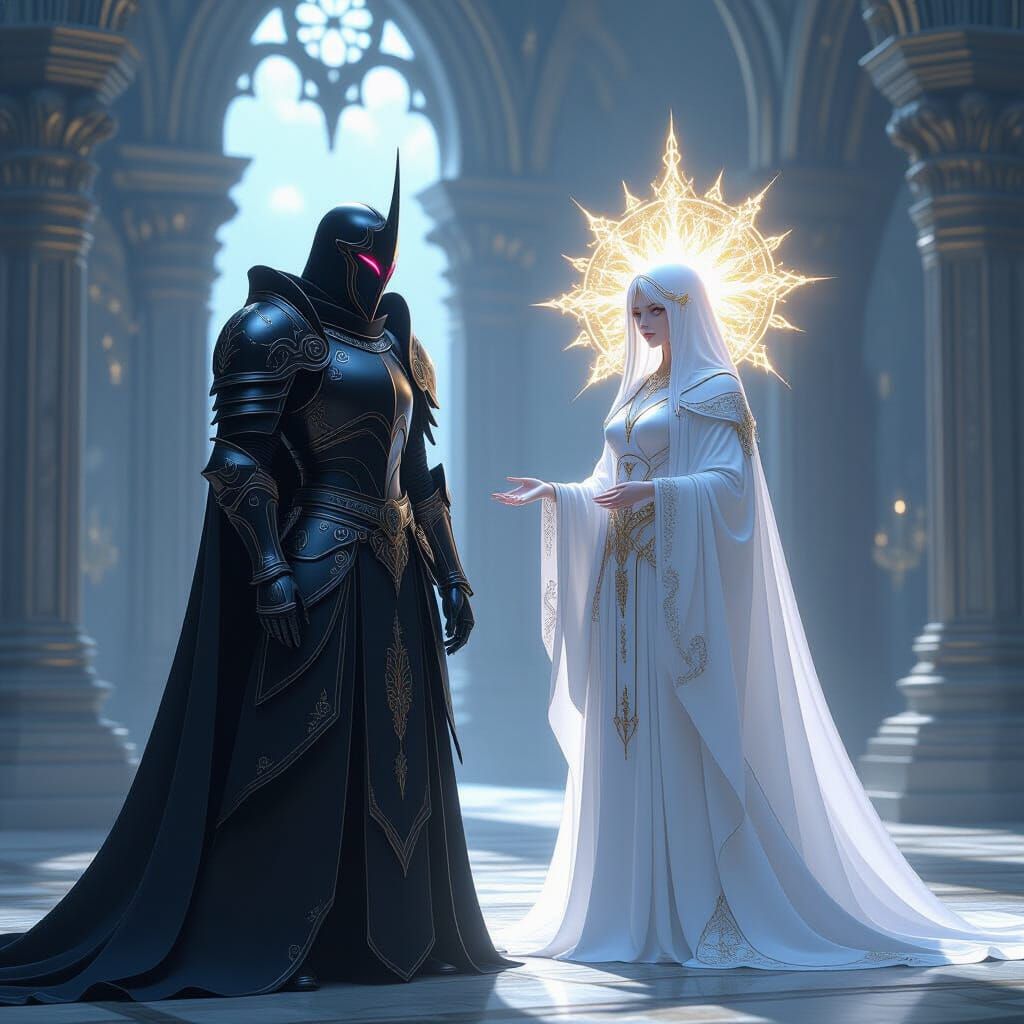 Cursed Knight Confronts Radiant Oracle in Ancient Temple