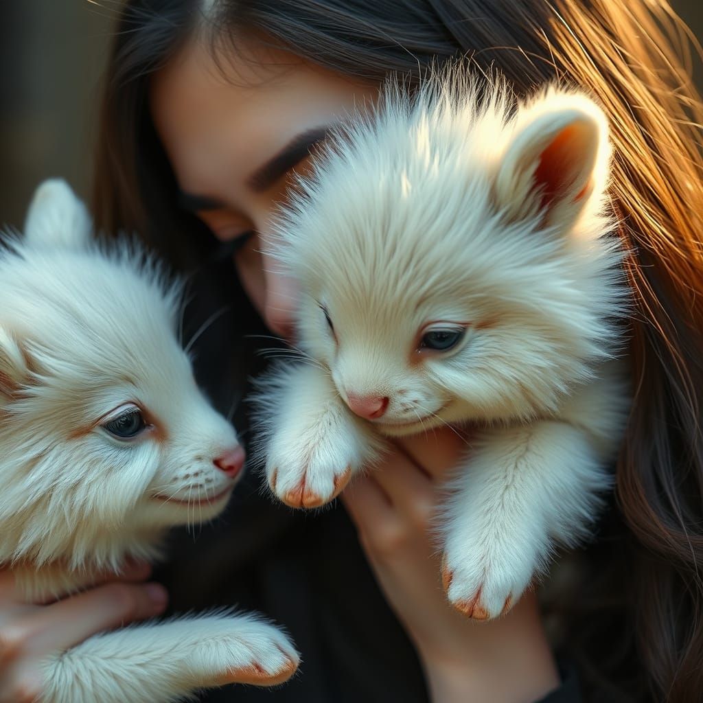 Hyperrealistic Woman with Fluffy Animals