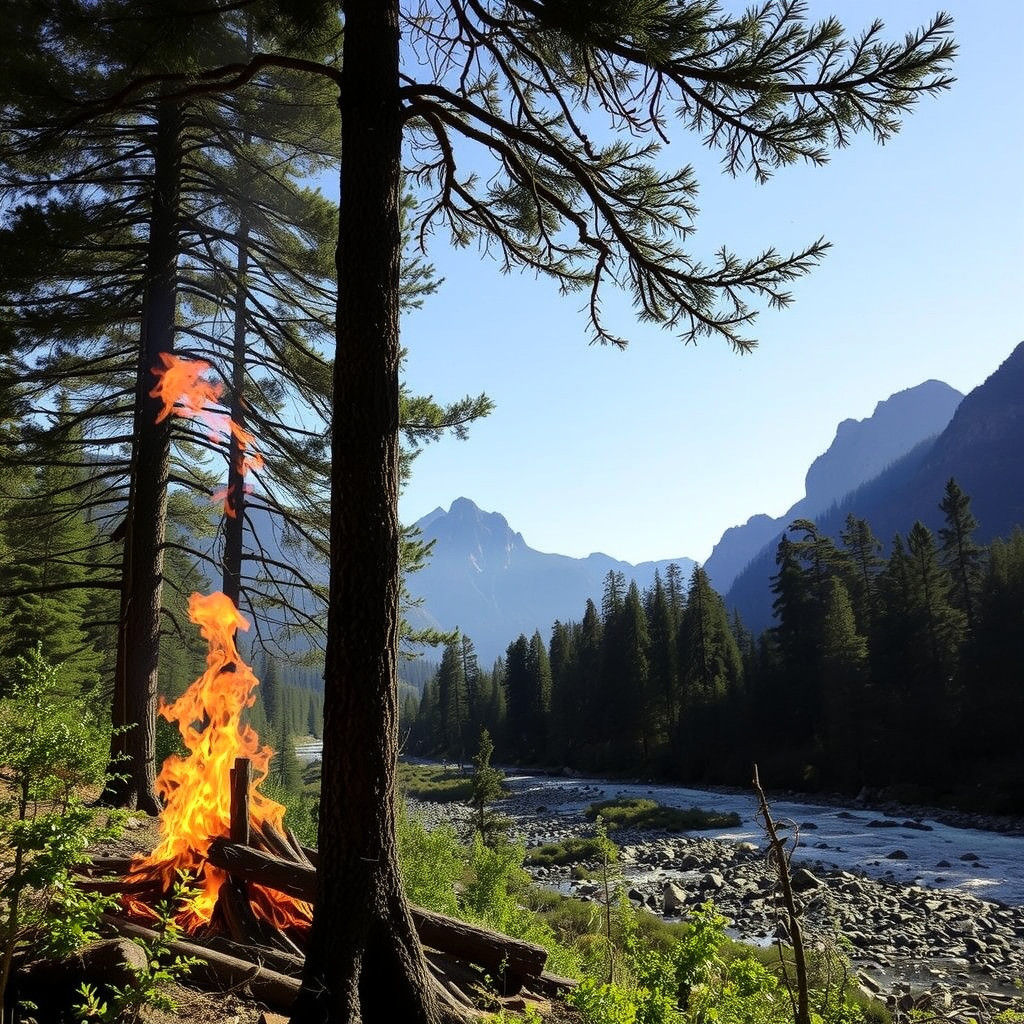 Mountain River Campsite Amidst a Fiery Storm
