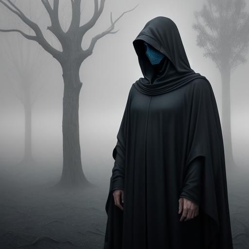 Mysterious Hooded Figure in Windswept Landscape