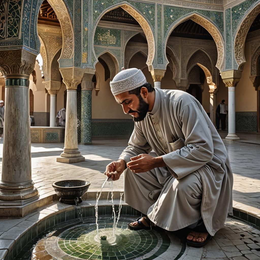 Serene Mosque Courtyard Ablution in Photorealistic Style
