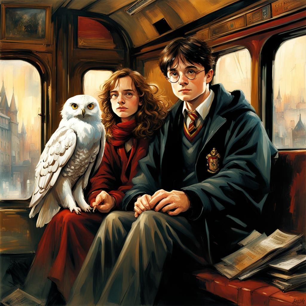 Harry, Hermione and Hedwig in the Hogwarts Express waiting f...