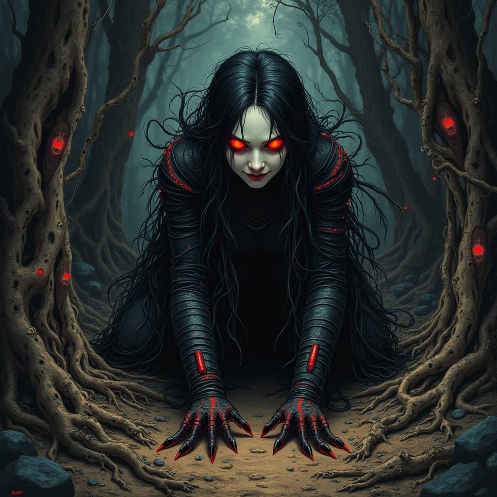 Eerie Girl with Glowing Eyes in Comic Style Forest