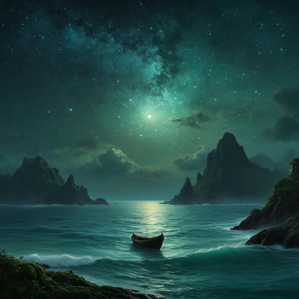 Serene Starry Moonscape: Small Boat on Ocean