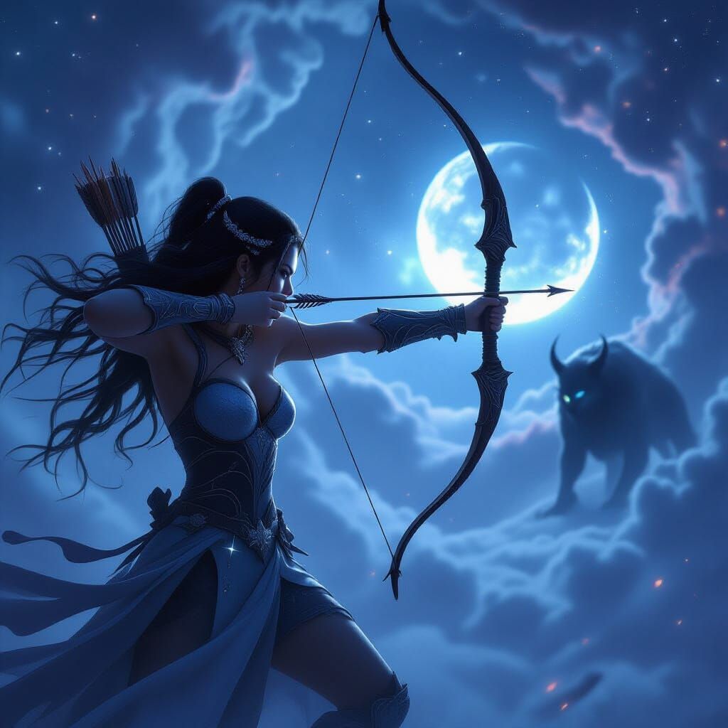 Celestial Huntress Aims in Nebula-Filled Sky