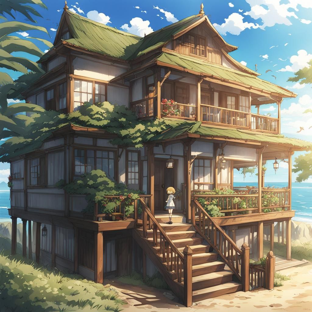 Anime Style Mansion House on Beach