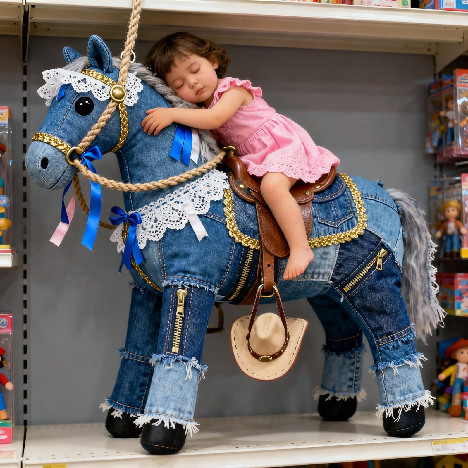 Denim Horse with Sleeping Child Toy Photograph