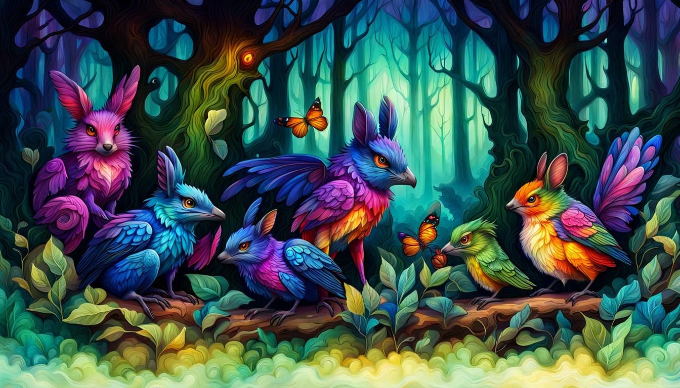 Magical Forest Critters in Cel-Shaded Twilight