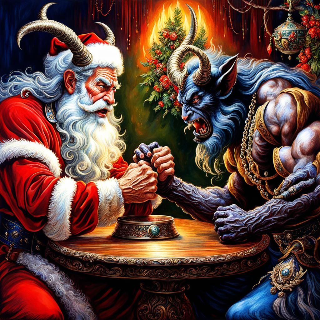 Epic arm wrestle.  Santa + Krampus manly arm wrestle