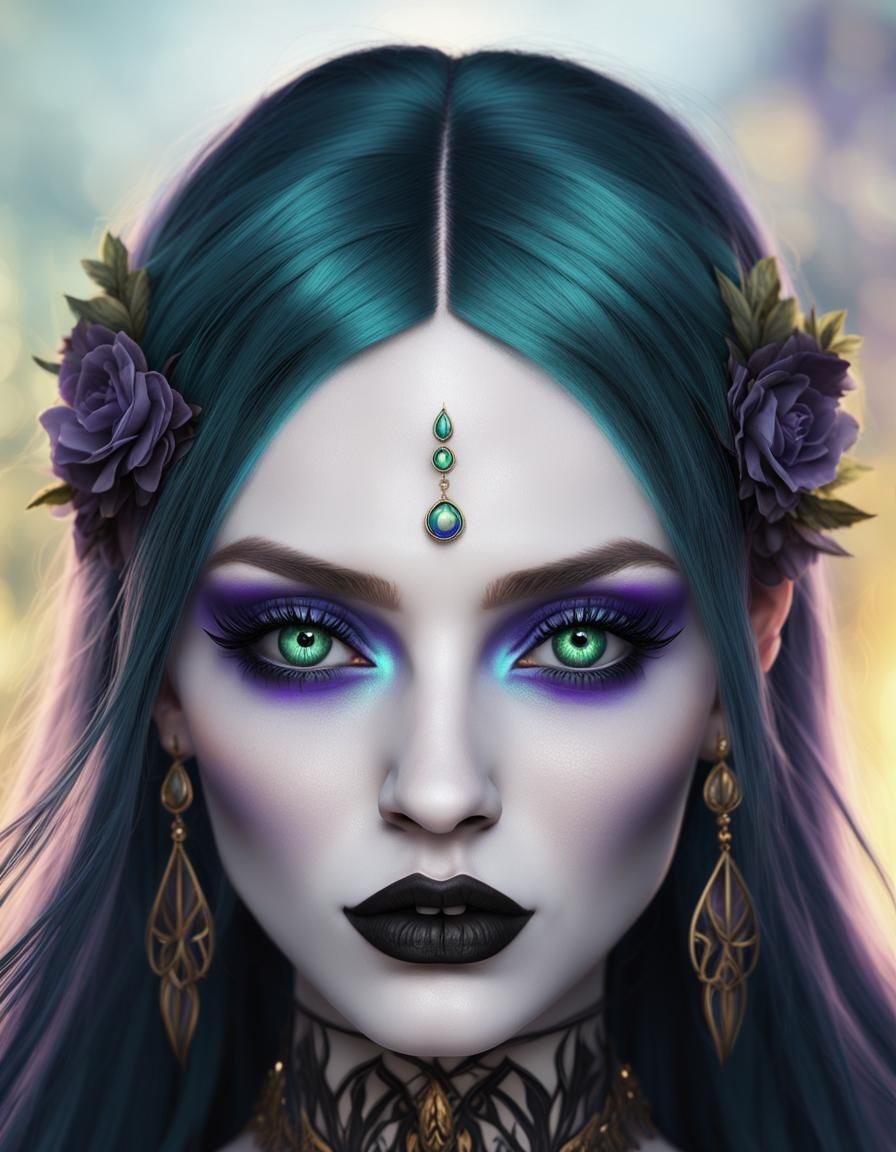 Beautiful Gothic hippie with long blue hair and green eyes& purple eyeshadow with black eyeliner and black lipstick& por...