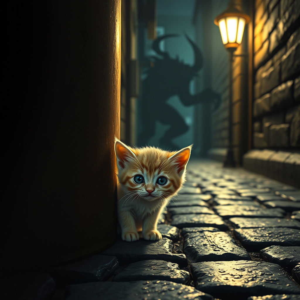 Frightened Kitten in Dark Gothic Alleyway
