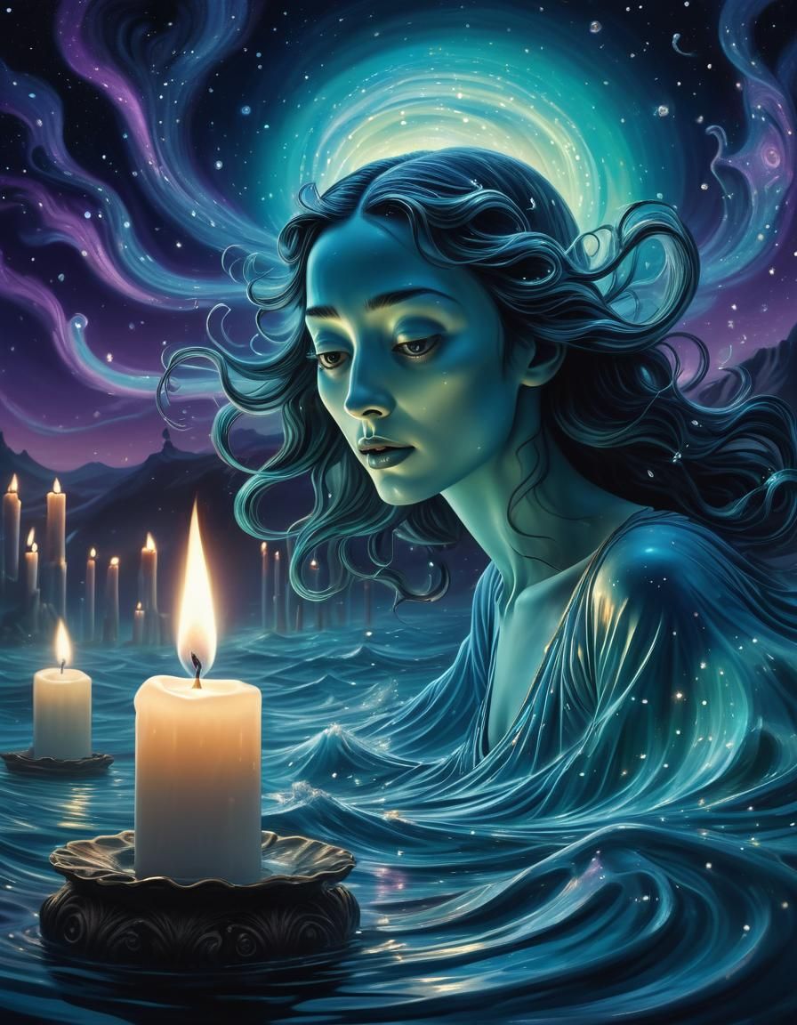 Mystical Candlelighter in Starry Sky: Surreal Fantasy Art