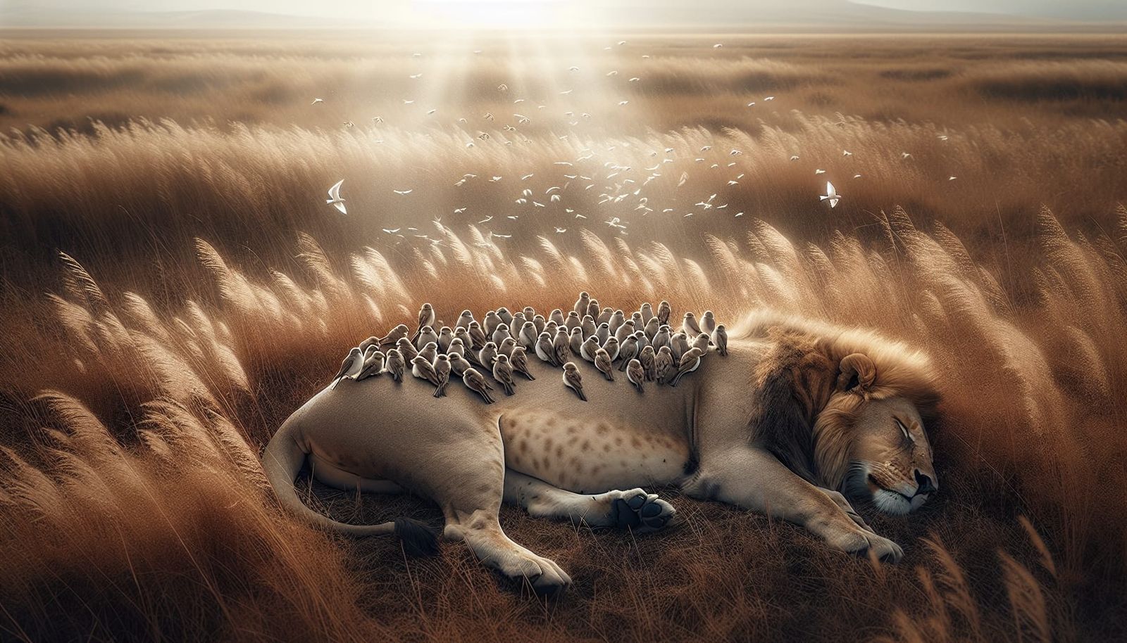 Tiny Birds Rest on Sleeping Lion in African Grasslands
