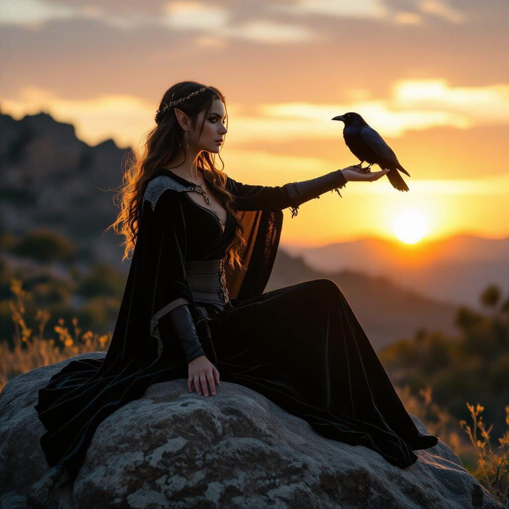 Elven Mage with Raven in Golden Sunset Light