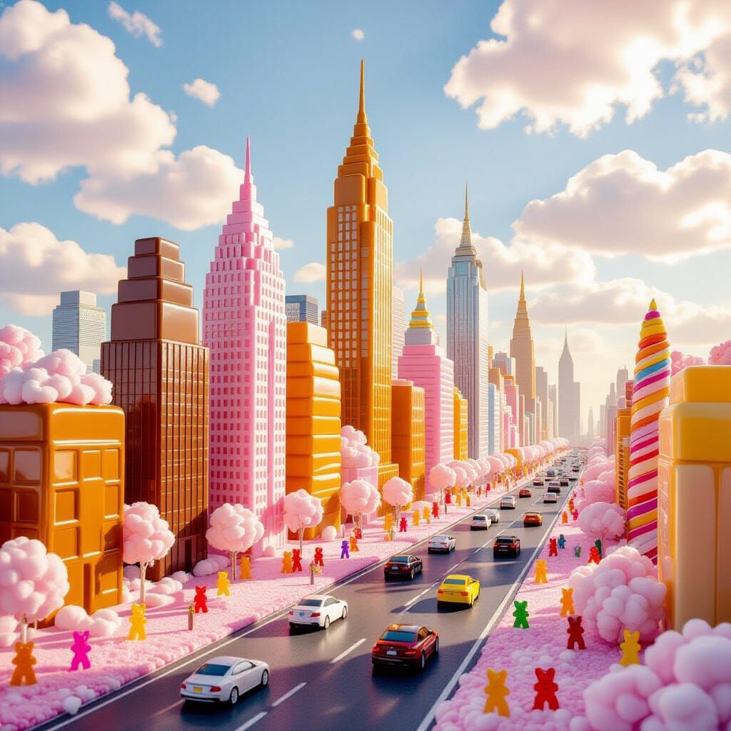 Candy Cityscape with Caramel Skyscrapers and Gummy Pedestria...