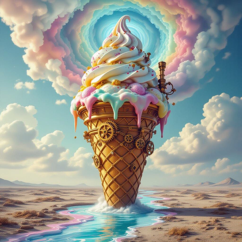 Giant Steampunk Ice Cream Cone on Desolate Plain