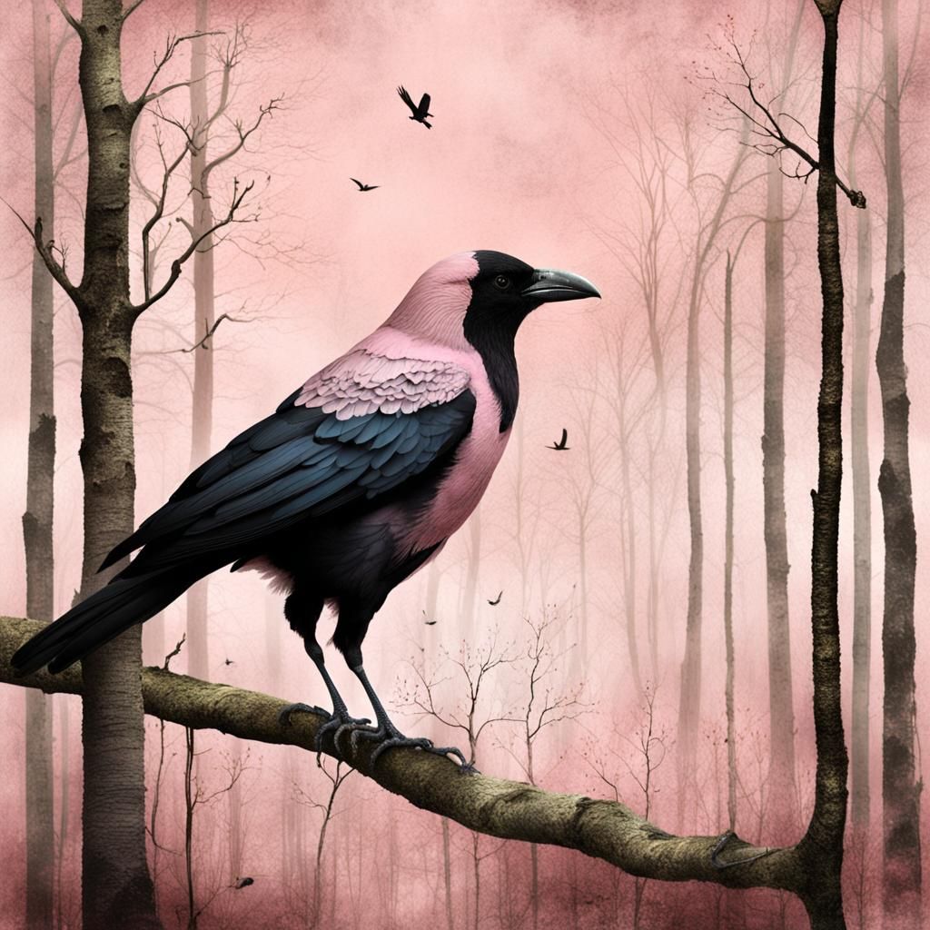 Pink Crow in Woods, Illustrative Art Style