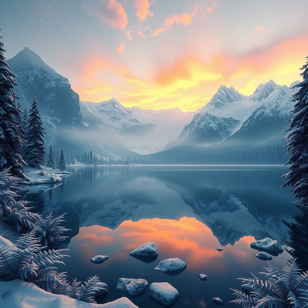 Snowy Mountain Lake in Winter Landscape Painting