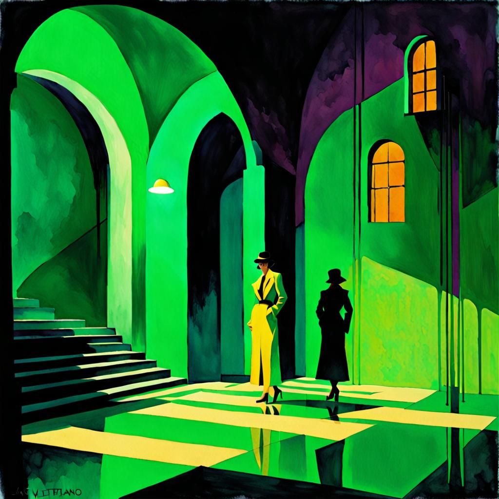 Dark Watercolour of Rasputin's Lair in Synthwave Style