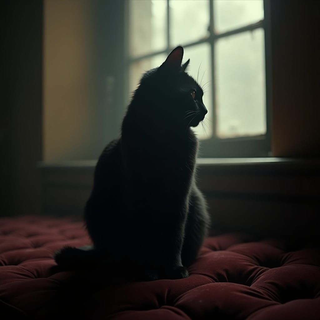 Regal Black Cat on Velvet Cushion