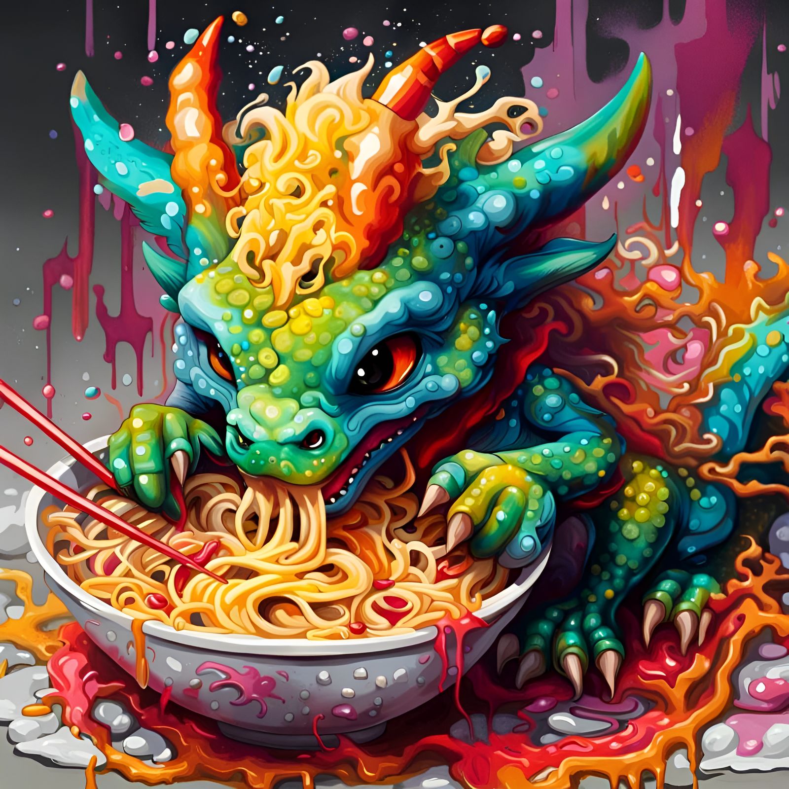 Baby Dragon Eating Ramen in Graffiti Art Style