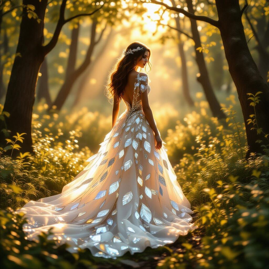Enchanted Woman in Crystal Forest Gown