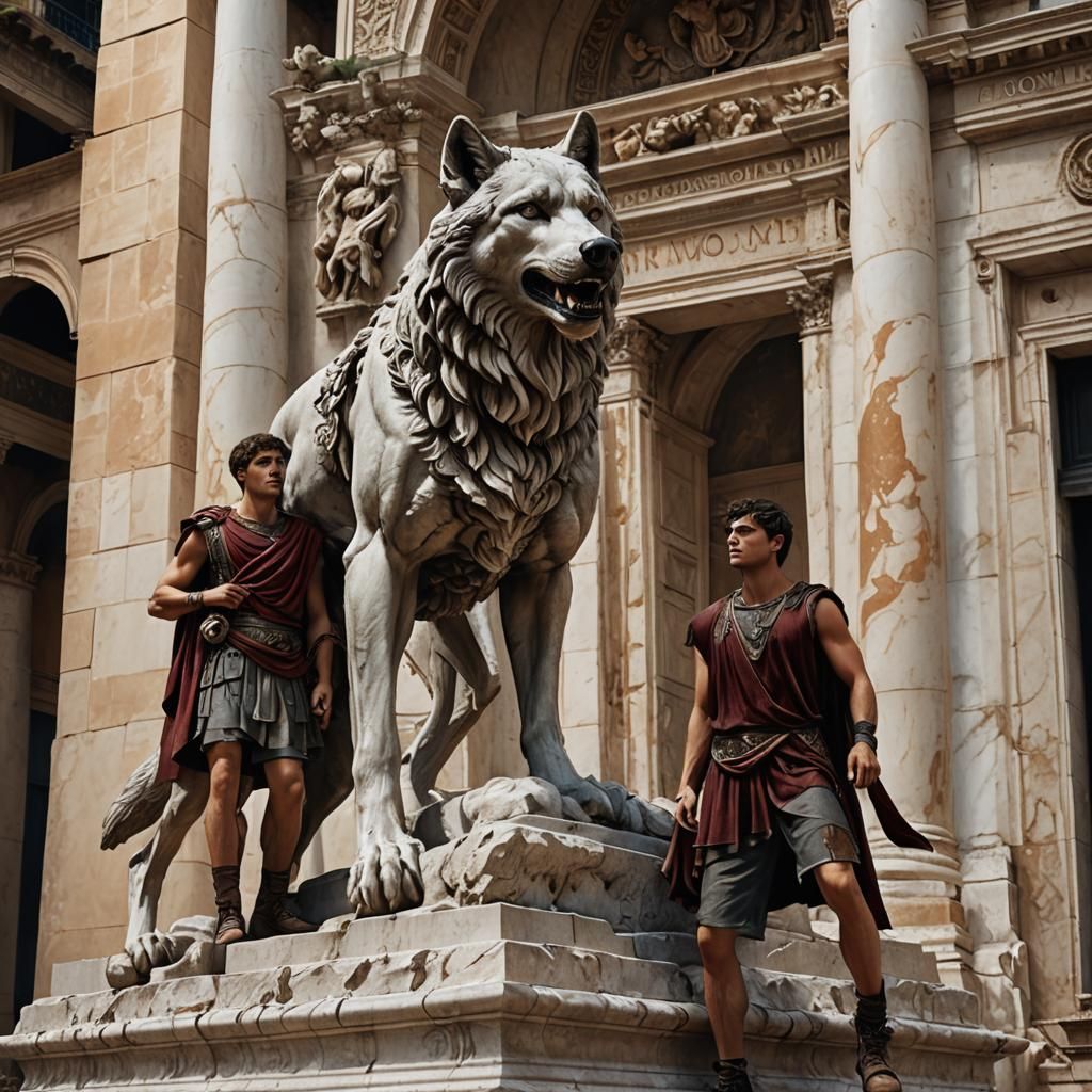 Romulus & Remus, twin founders of Rome, immortalize their foster mother in stone