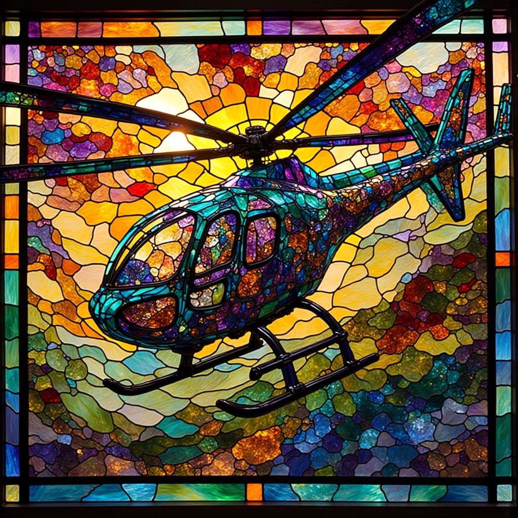 Stained Glass Helicopter in Vibrant, Geometric Style