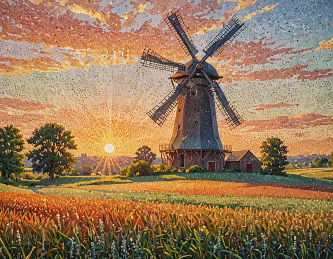 Giant Windmill in Pointillist Meadow at Sunset