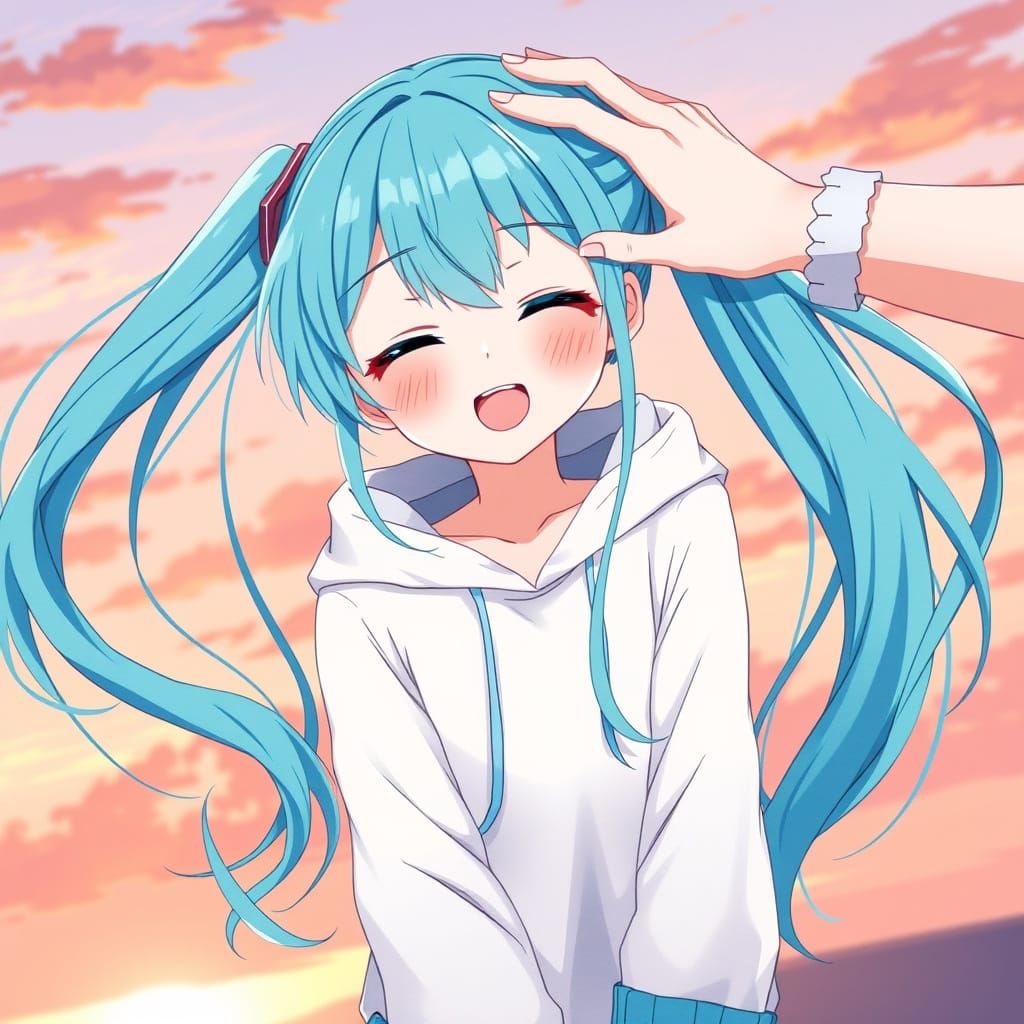 Bubbly Girl Receives Tender Headpats in Whimsical Sunset Sce...