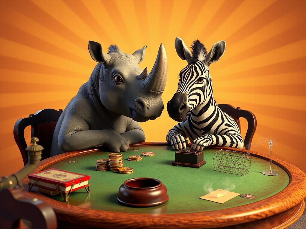 Rhinoceros and Zebra Play Blackjack: 3D Digital Art