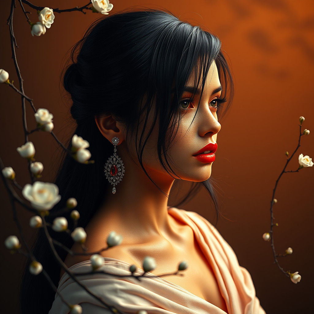 Orange-Skinned Woman with Red Lips in Dramatic Lighting