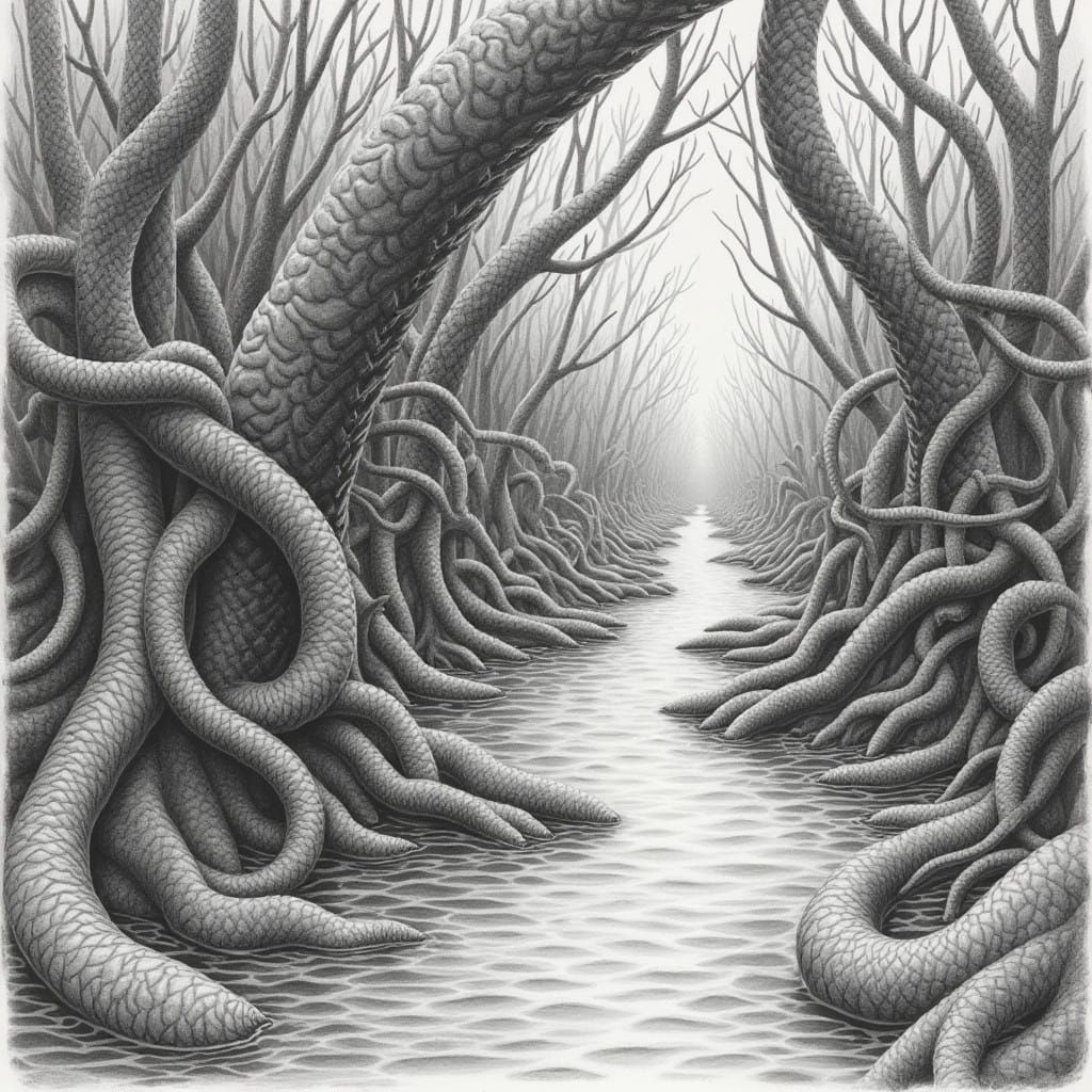 Twisted Roots Maze in Photorealistic Pencil Sketch Style