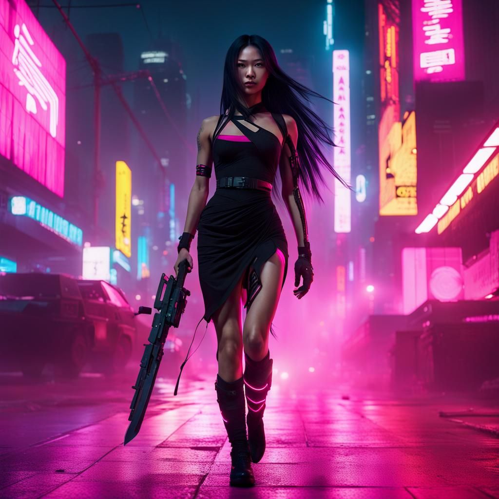 Cyberpunk Woman Walking in Neon City at Night