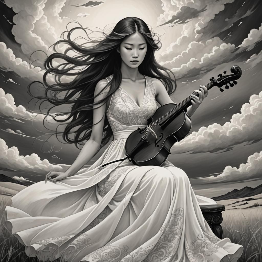 Ethereal Woman Playing Cello in Steppe Illustration
