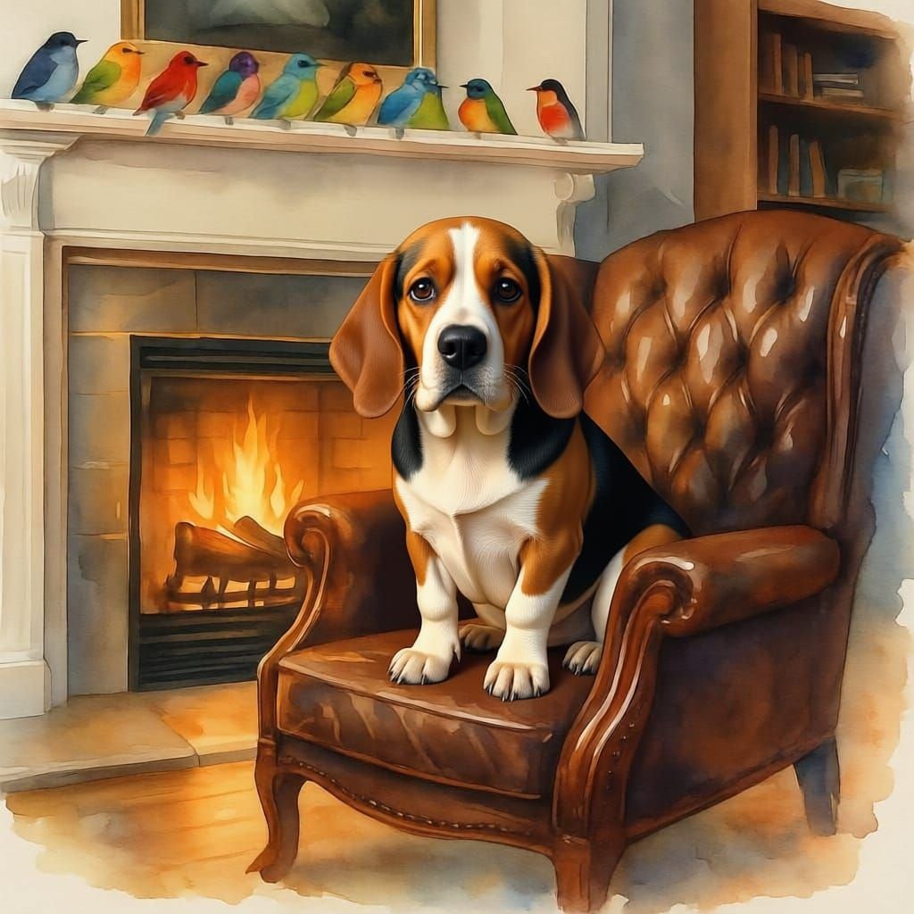 Majestic Siamese Cat by Fireplace with Colorful Birds