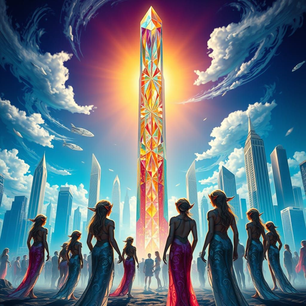 Elegant Elves Gather Around a Radiant Solar Energy Spire in...