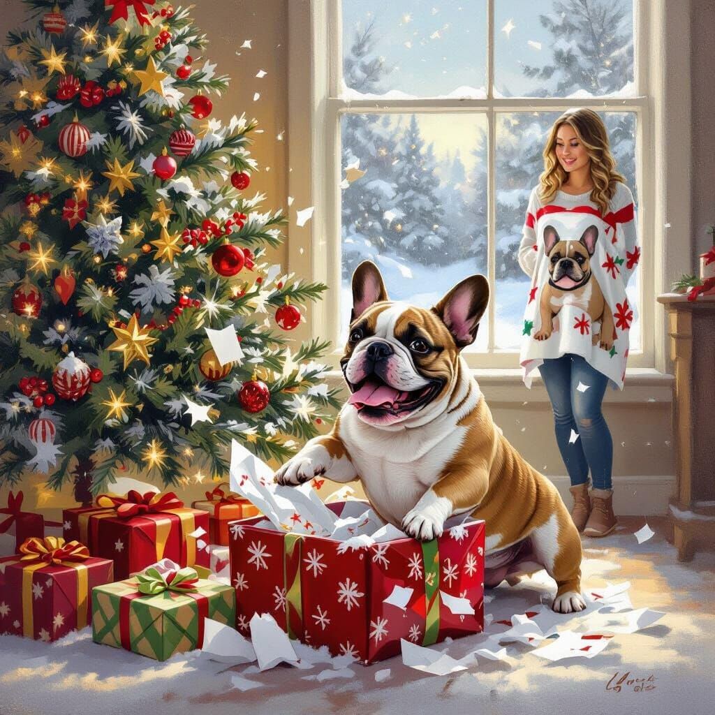 French Bulldog Joyfully Opens Gifts by Christmas Tree