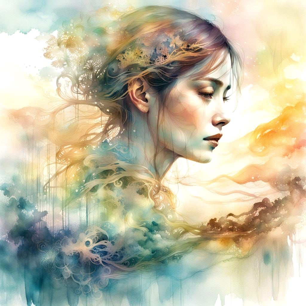 Woman's Face with Landscape: Watercolor Illustration