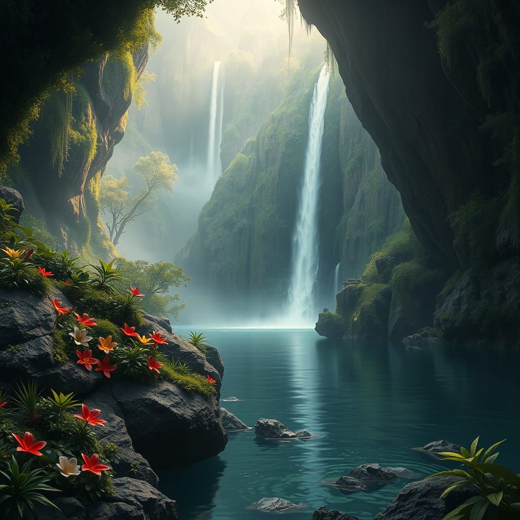 Surreal Lake Hidden Behind a Cascading Waterfall in a Fantas...