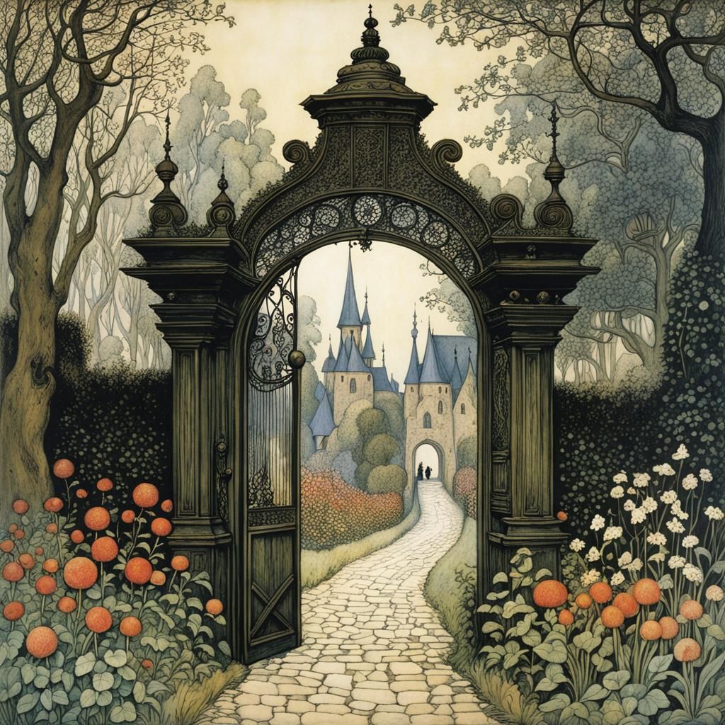 Enchanted Garden Gate Illustration in Classic Style