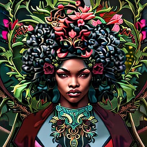 Rose and Thorn Afro Portrait in Art Nouveau Style